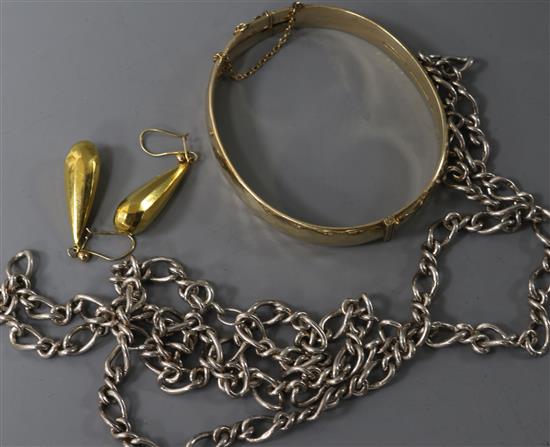 A pair of 9ct gold drop earrings, a silver necklace and a gold plated bangle.